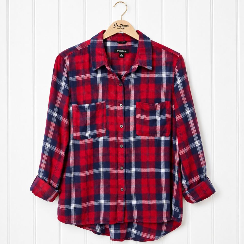 Stoosh Womens XL Red Blue Plaid Button Up Shirt Rayon Hi Low Hem Pockets